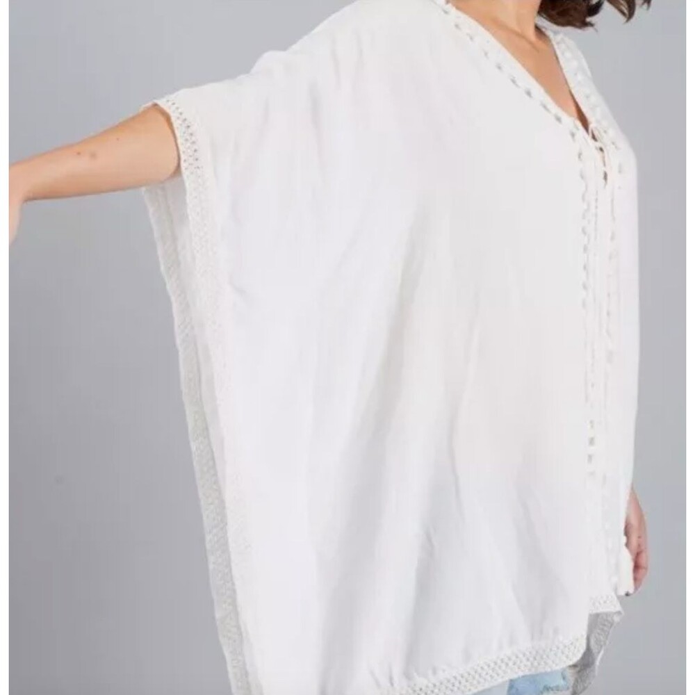 Bindya New York White Boho Top Caftan Swim Coverup Pom Pom Crochet Lace One Size - Picture 4 of 8